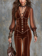 Vintage Chiffon Patchwork Polyester Velvet Jumpsuit