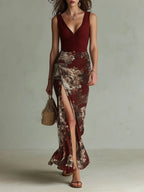 Retro Ruched Floral Print High-Slit Maxi Dress