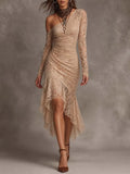 Romantic Bohemian One Shoulder Long Sleeve Lace Ruched High Low Midi Dress