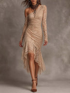 Romantic Bohemian One Shoulder Long Sleeve Lace Ruched High Low Midi Dress