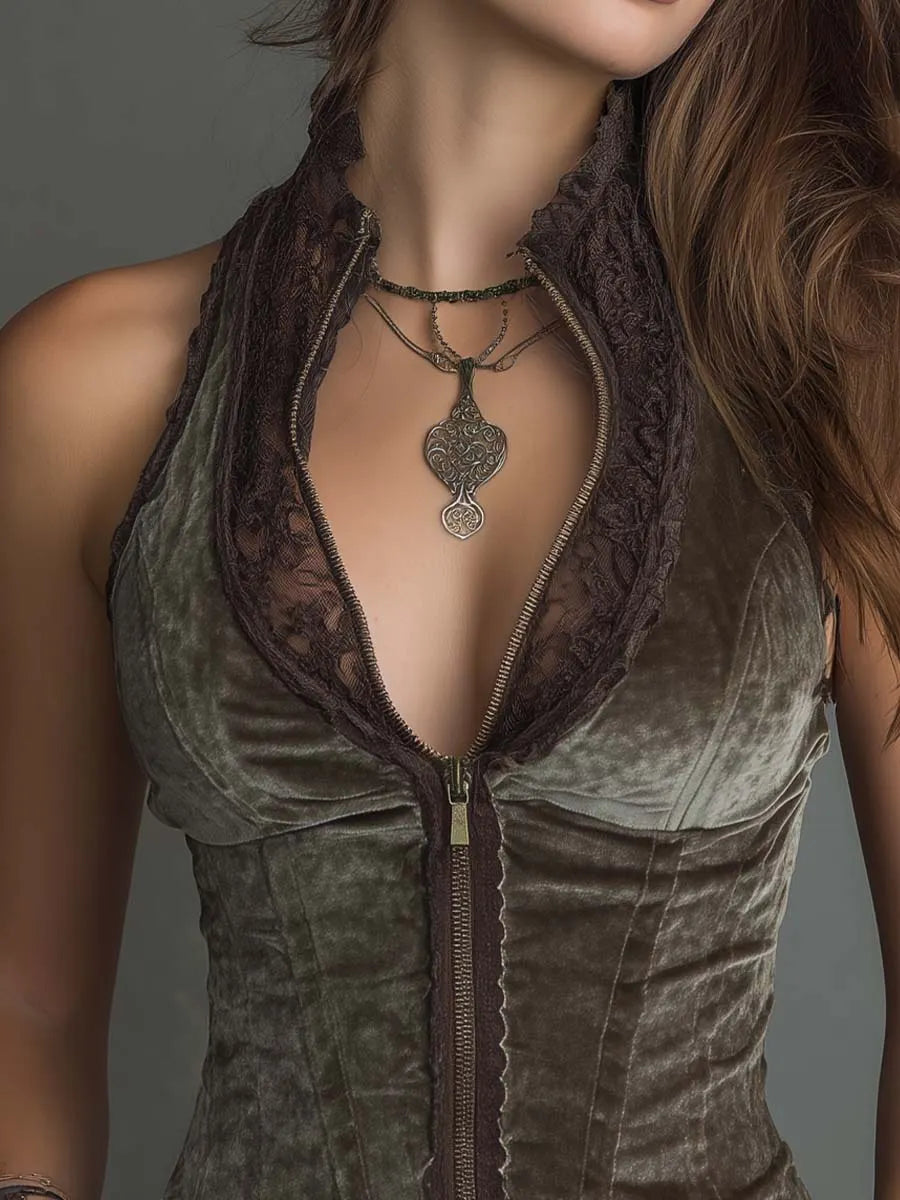 Boho Vintage Velvet Lace Trim Zip Front Halter Corset Tank
