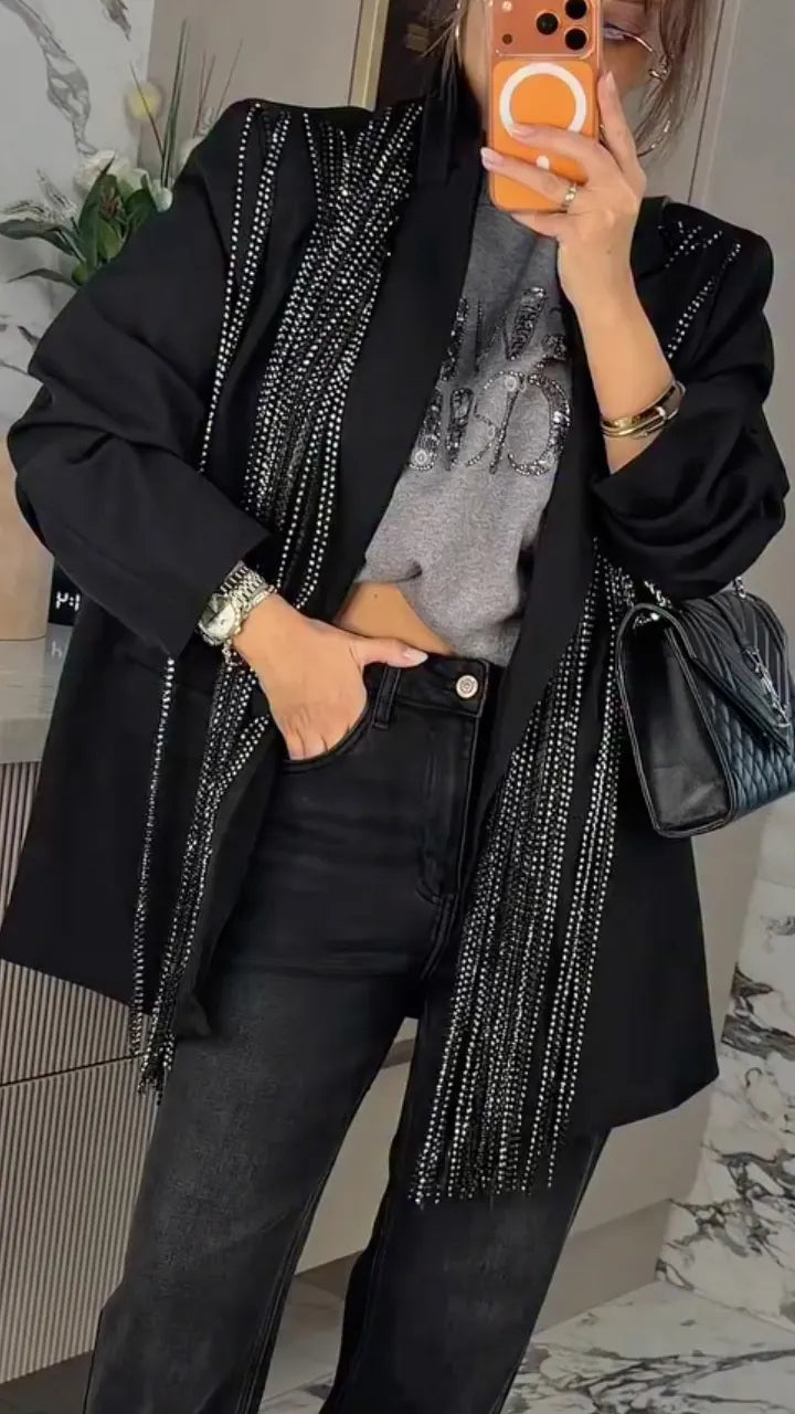 Black Sparkling Fringe Relaxed Blazer