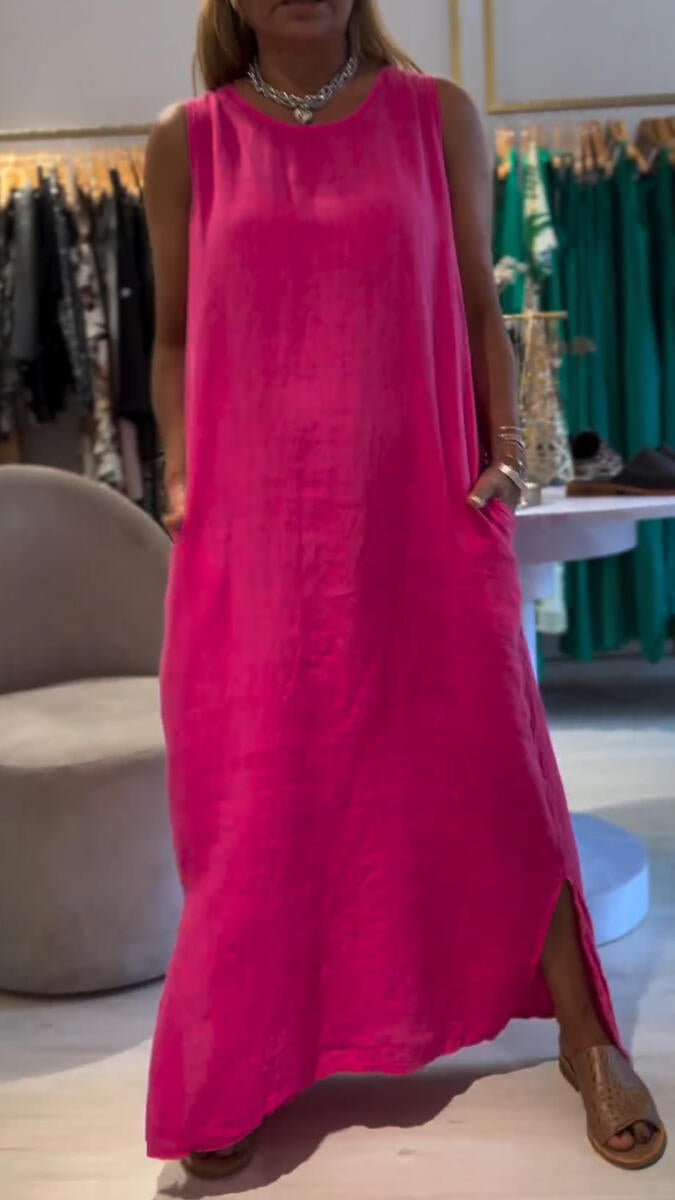 Women Round Neck Sleeveless Solid Color Loose Casual Dress