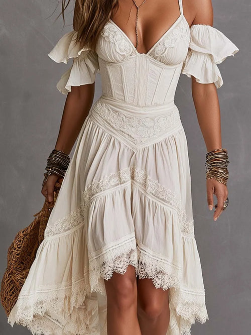Boho Cold-Shoulder Lace-Trim Corset Bustier High-Low Ruffle Midi Dress