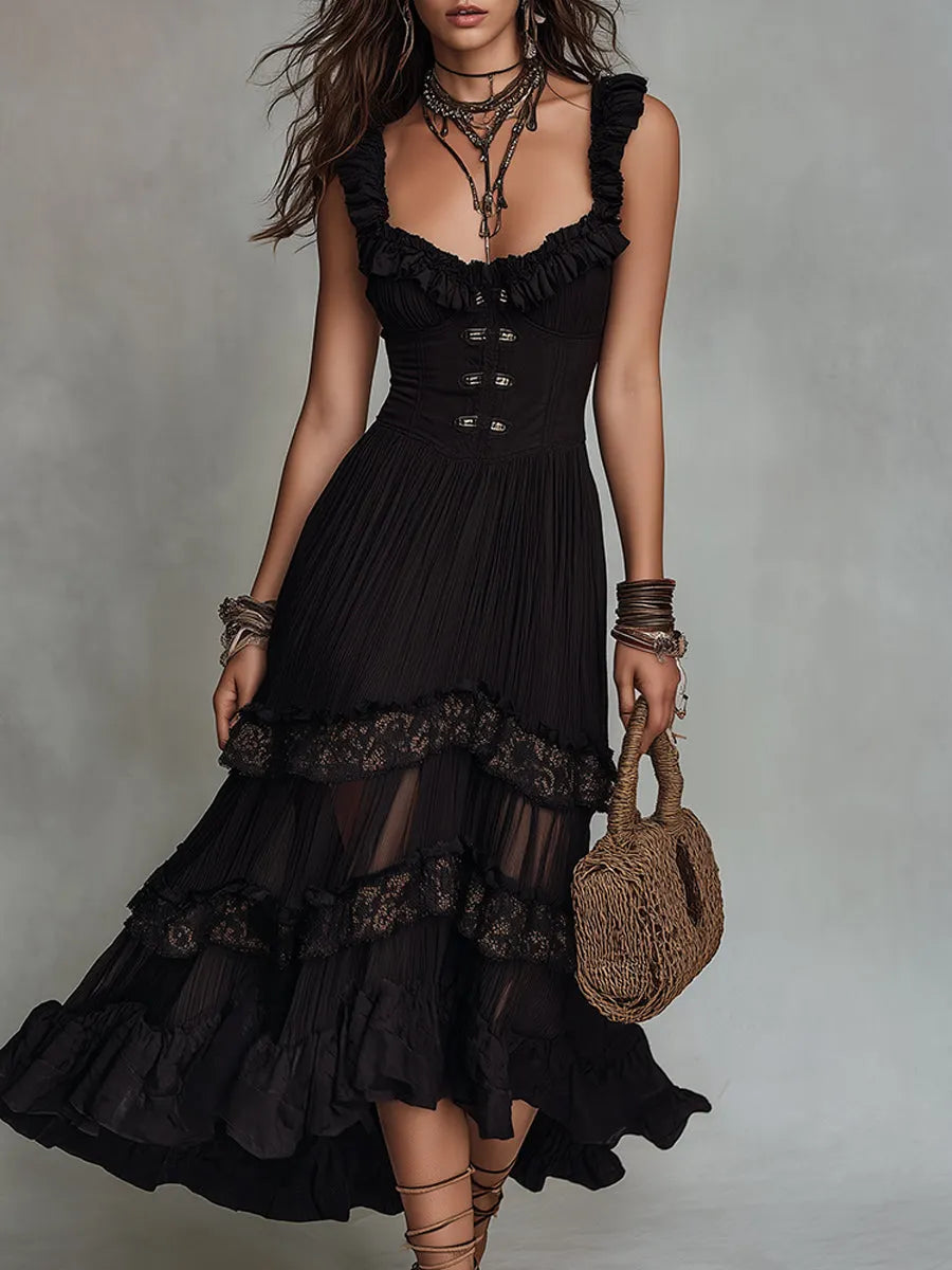 Vintage Chiffon Crinkle A-Line Midi Dress With Lace Trim