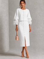 Blush 3D Floral Button Midi Two‑Piece Set
