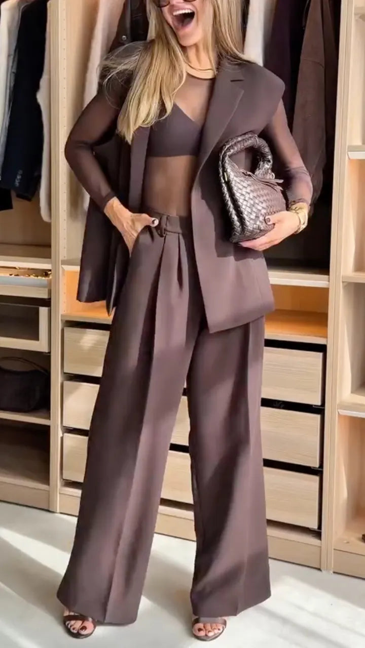 Taupe Tailored Vest Sheer Top & Wide-Leg Pants Set