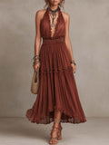 Bohemian Rust Crinkled Chiffon Halter Tiered Midi Dress