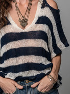 Boho Striped Knit Blouse With Cut-Out Shoulders