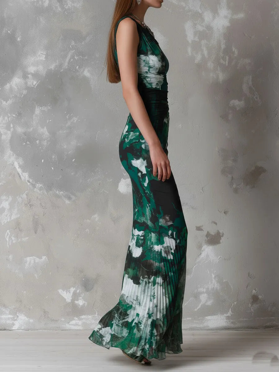 Retro Elegant Emerald Bloom Sleeveless Pleated Maxi Dress