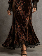 Vintage Velvet Floral Lace V Neck Puff Sleeve Evening Dress