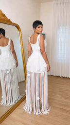 Pearl Fringe Maxi Dress With Floral Accents