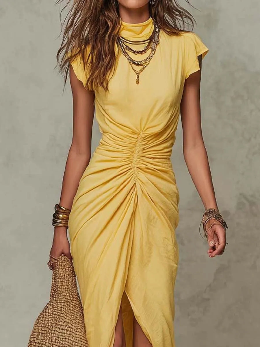 Bohemian  Cotton High Neck Ruched Wrap Maxi Dress