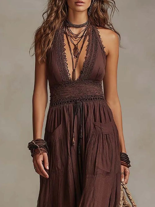 Bohemian Halter Lace Cotton-Linen Maxi Dress