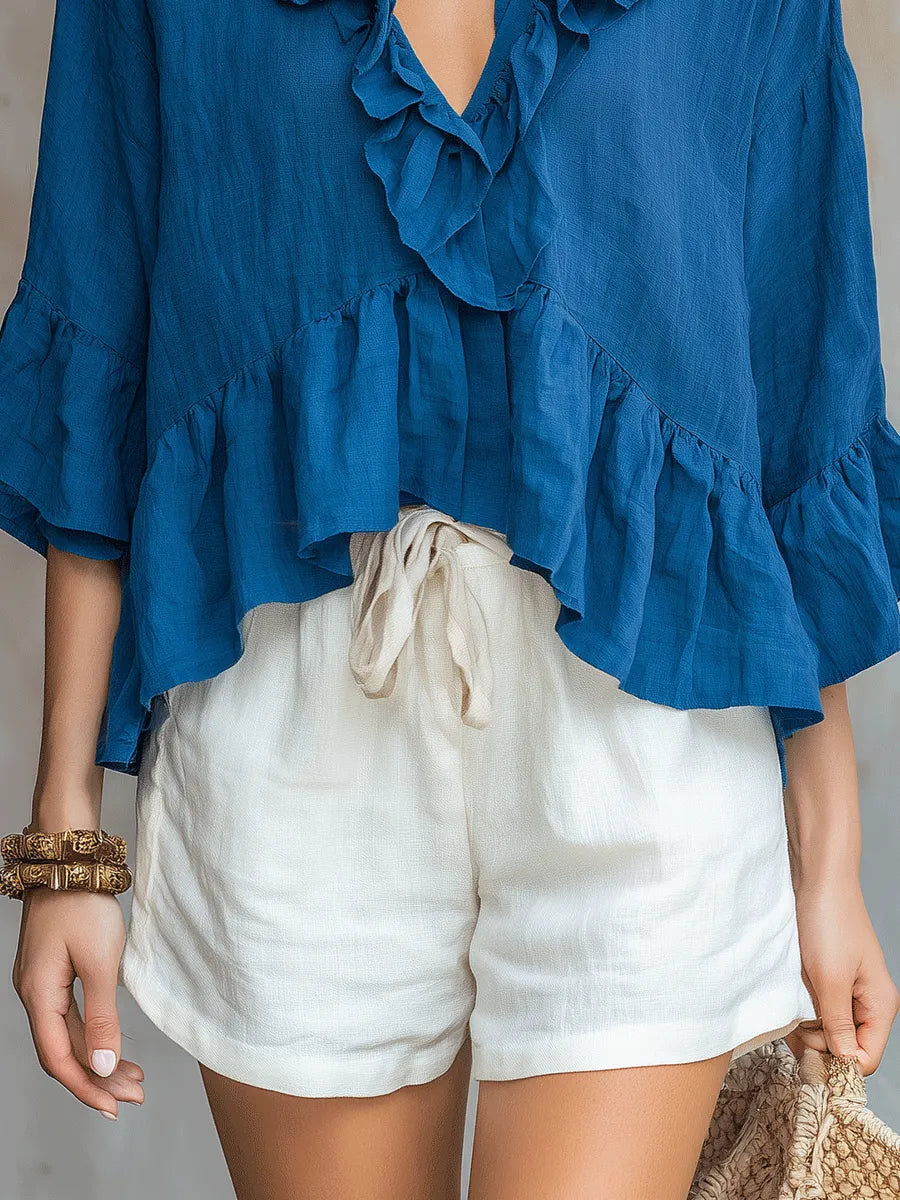 Soft Ruffled V-Neck Bohemian-Style Cotton And Linen Shirt And Basic White Shorts