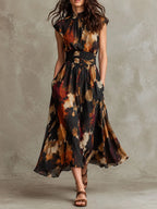 Vintage Ink Splash Print Smocked Waist Cap Sleeve Midi Dress
