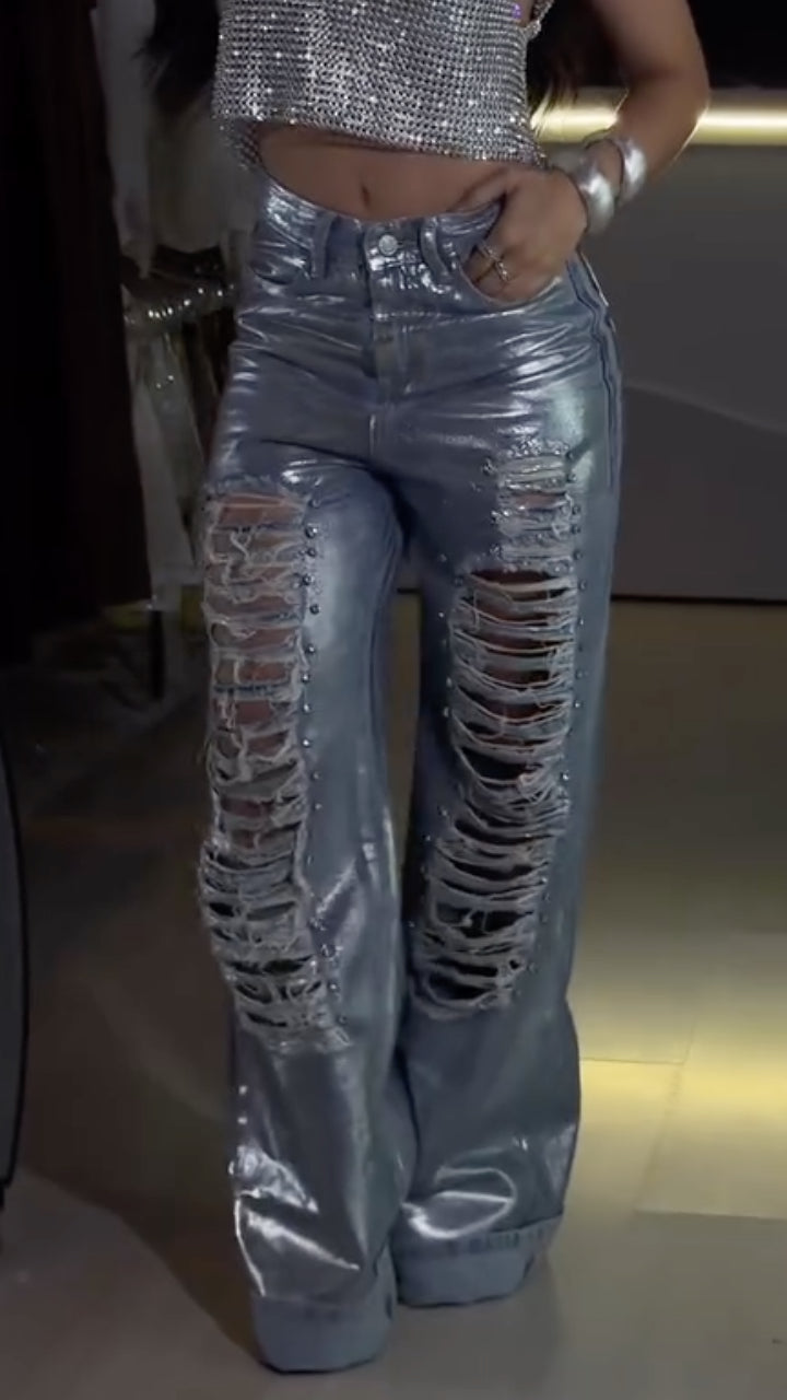 Metallic Distressed Wide-Leg Jeans