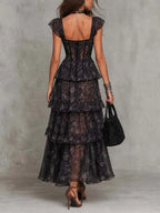 Gothic Floral Corset Tiered Chiffon Midi Dress