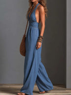 Boho Chambray Denim Halter Lace-Trim Deep V Backless Wide-Leg Jumpsuit