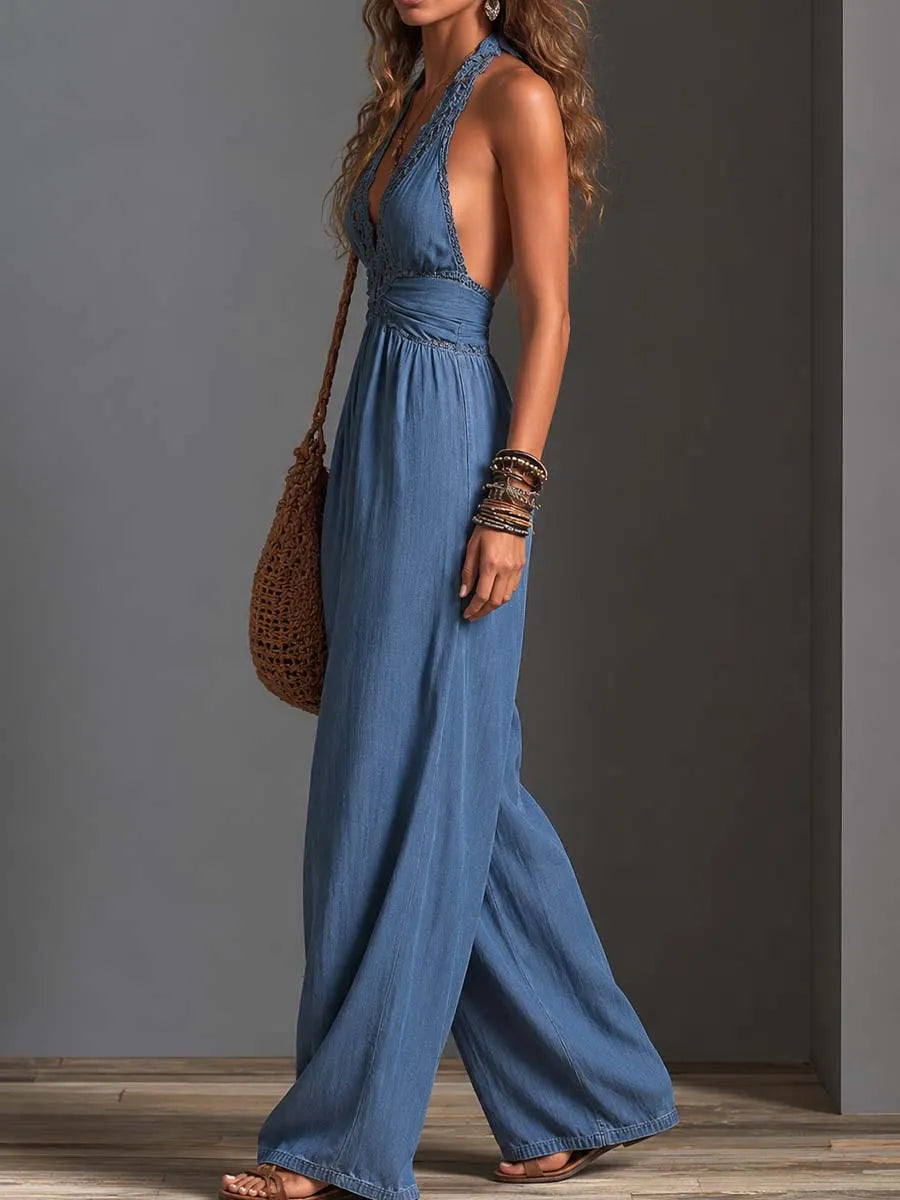 Boho Chambray Denim Halter Lace-Trim Deep V Backless Wide-Leg Jumpsuit