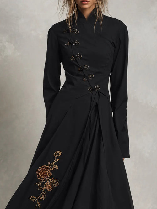 Black Mandarin Collar Embroidered Midi Dress
