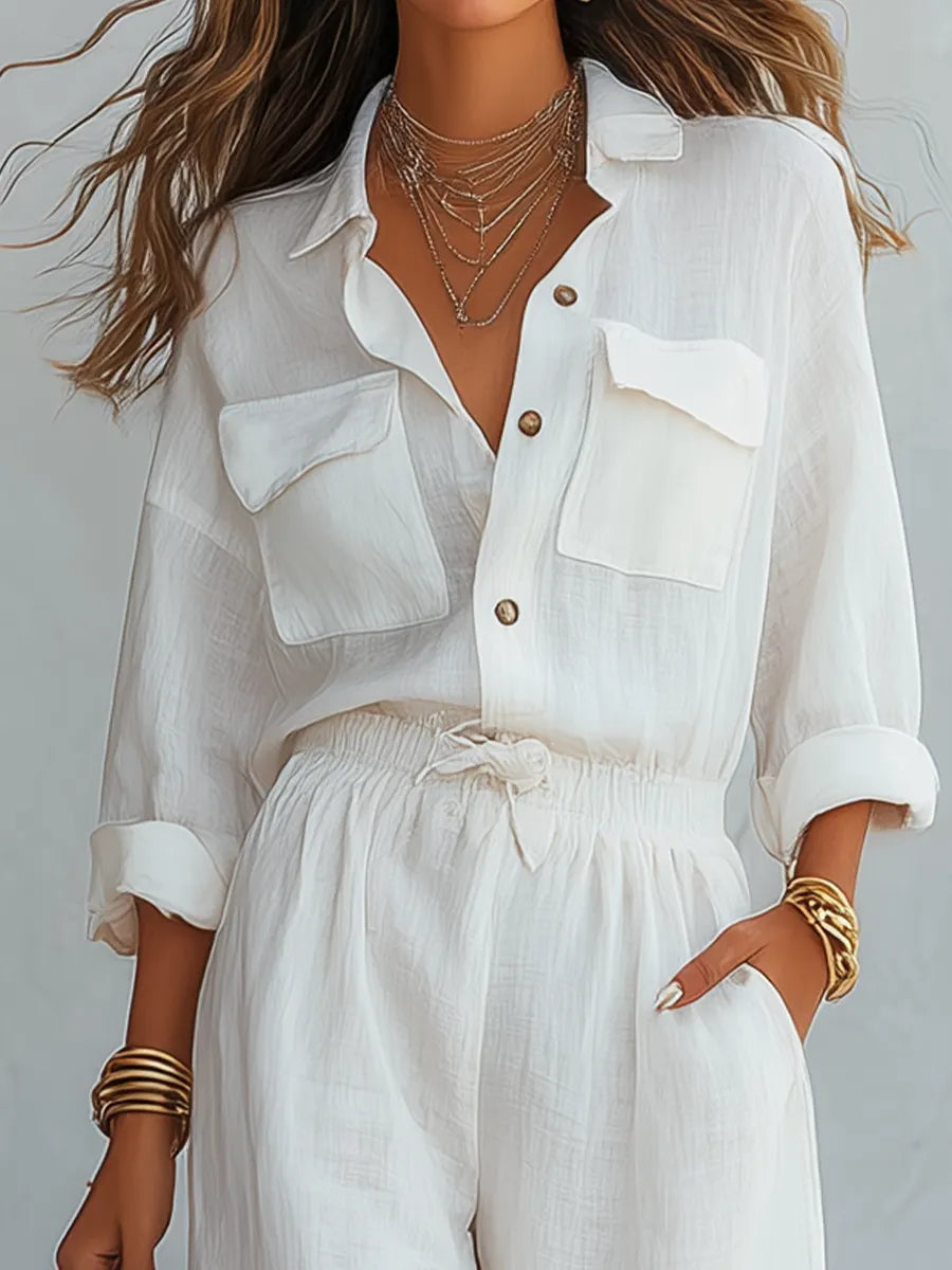 Elegant Shirt & Lace-Trim Wide-Leg Pant Set
