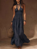 Retro Halter-Neck Cotton-Linen Maxi Dress