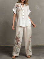 Boho Floral Pattern Blouse And Linen Wide-Leg Pants Two-Piece