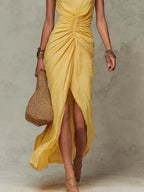 Bohemian  Cotton High Neck Ruched Wrap Maxi Dress