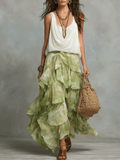 Chic Ivory Draped Top & Green Ruffle Maxi Skirt Set