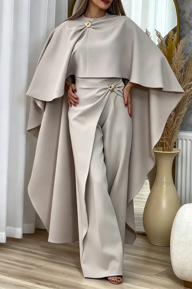 Stone Draped Cape Top & Wrap-Panel Wide-Leg Pants Set