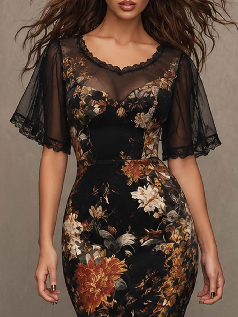 Vintage Gothic Floral Print Lace Mesh Short Sleeve Mermaid Midi Dress
