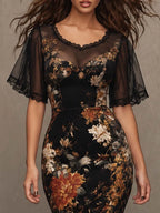 Vintage Gothic Floral Print Lace Mesh Short Sleeve Mermaid Midi Dress