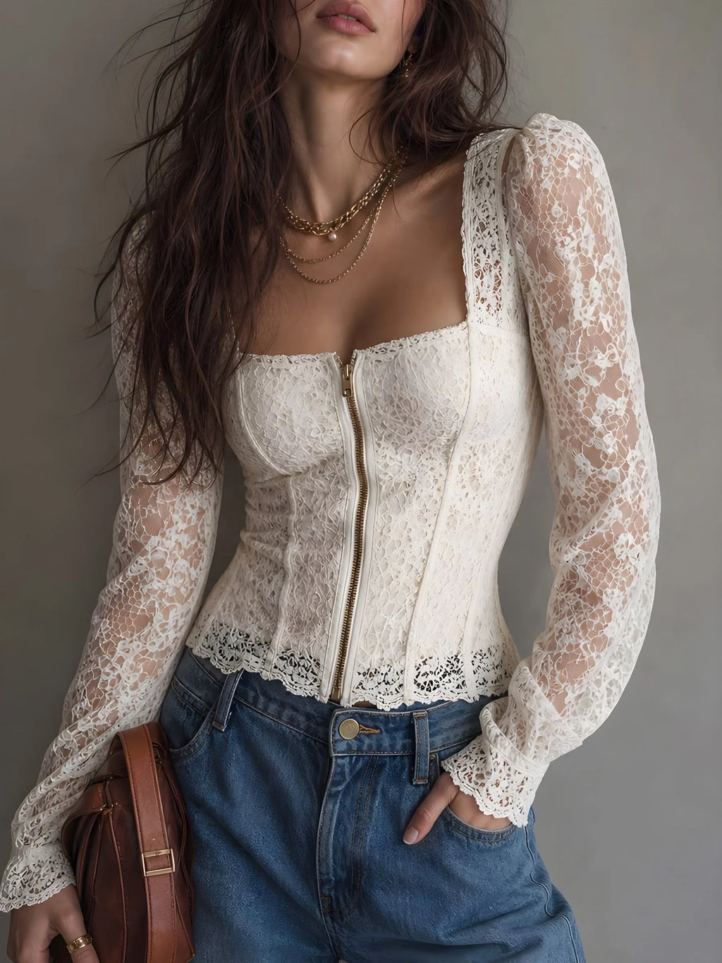 Ivory Lace Zip Corset Blouse