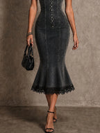 Boho Romantic Charcoal Corset Mermaid Midi Dress