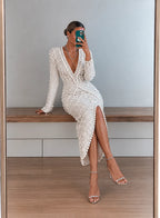 White Pearl Embellished Deep V Midi Party Dress
