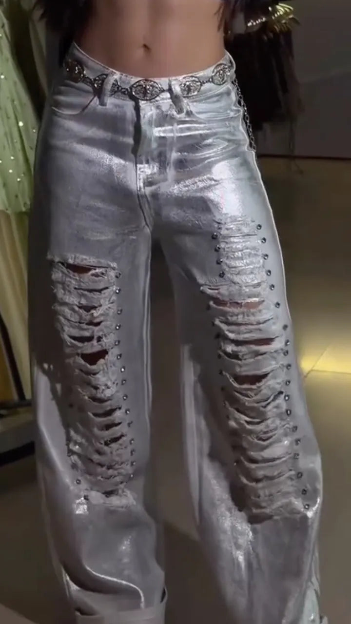 Metallic Distressed Wide-Leg Jeans