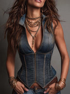 Boho Chic Blue-gray Sleeveless Denim Zipper Corset Vest