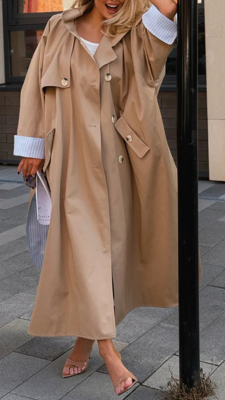 Camel Oversized Contrast-Cuff Long Trench Coat