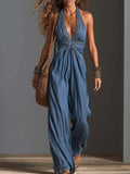 Boho Chambray Denim Halter Lace-Trim Deep V Backless Wide-Leg Jumpsuit