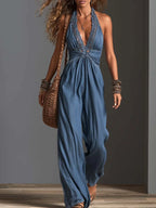 Boho Chambray Denim Halter Lace-Trim Deep V Backless Wide-Leg Jumpsuit