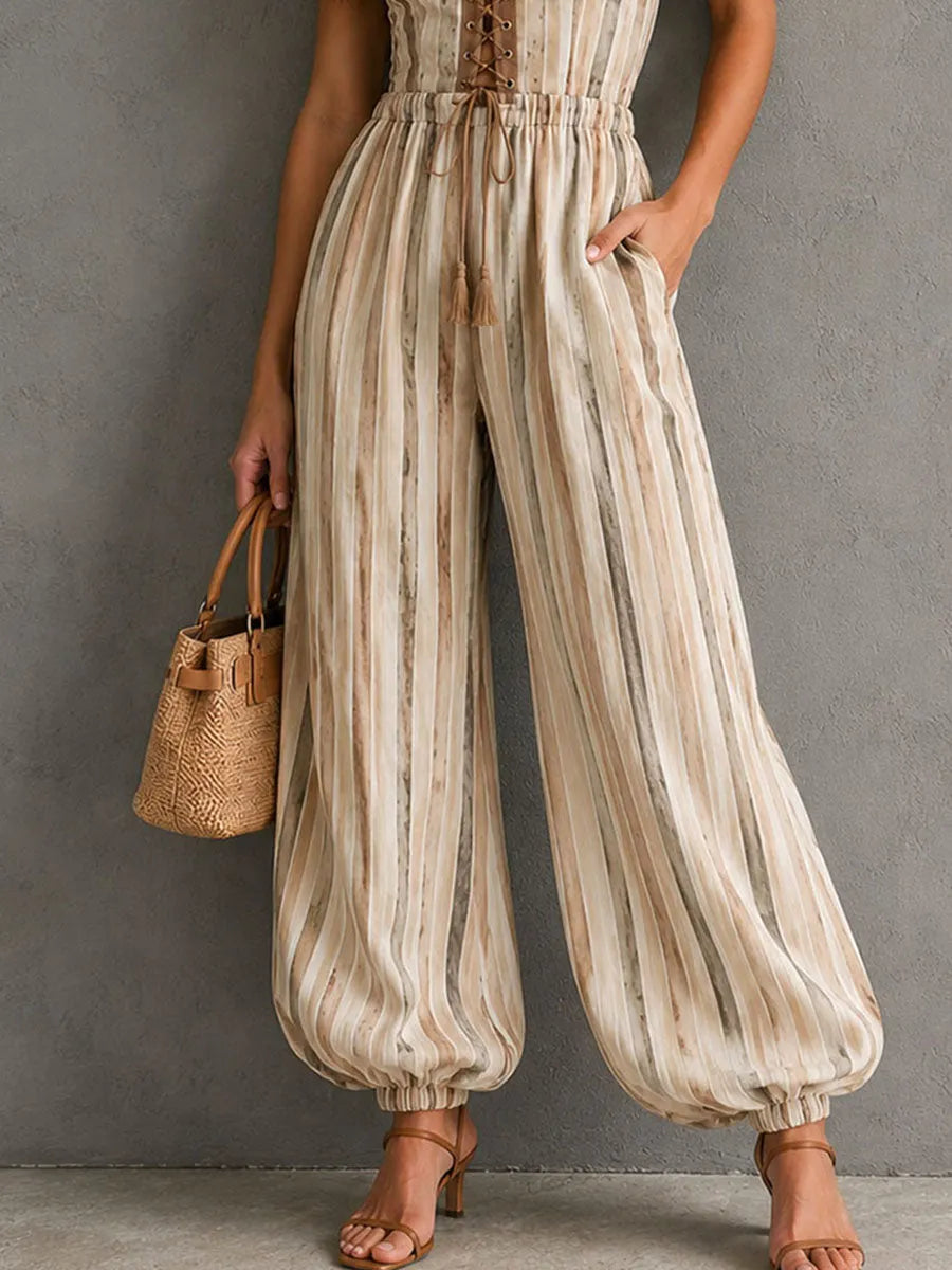 Boho Beige Crochet Ruffled Tank & Flared Pants Two-Piece Set