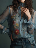 Vintage Boho Sheer Floral Button-Up Blouse
