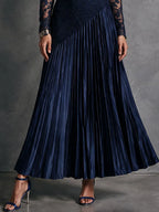 Elegant Mock Neck Lace Patchwork Pleated Satin Evening Maxi Dress