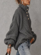 Button-Neck Chunky Knit Sweater