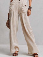 Beige Pinstripe Cotton Halter Lace-Trimmed Wide-Leg Jumpsuit