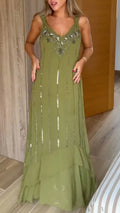 Olive Embellished V-Neck Ruffle-Hem Maxi Dress
