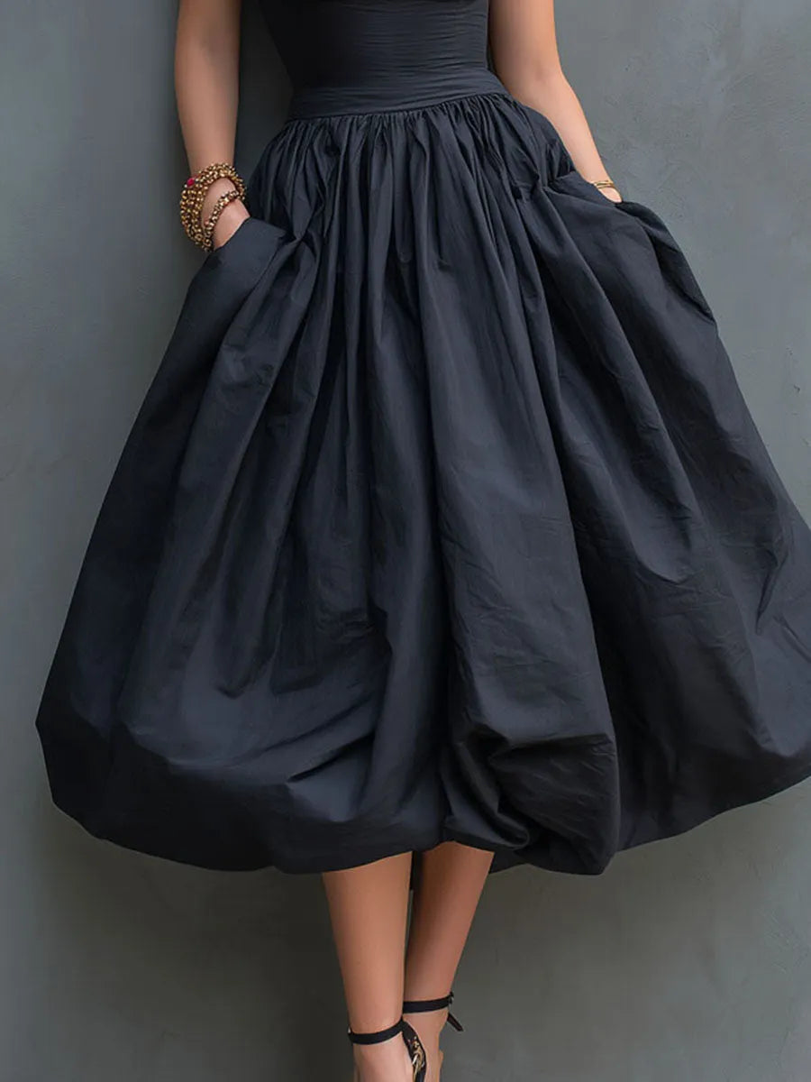 Elegant Black Halter-Neck Pleated Balloon Midi Dress With Balloon Skirt