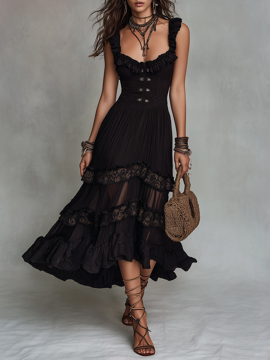 Vintage Chiffon Crinkle A-Line Midi Dress With Lace Trim
