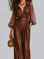 Boho Chiffon Lantern-sleeve Blouse & Pleated Wide-leg Pants Set